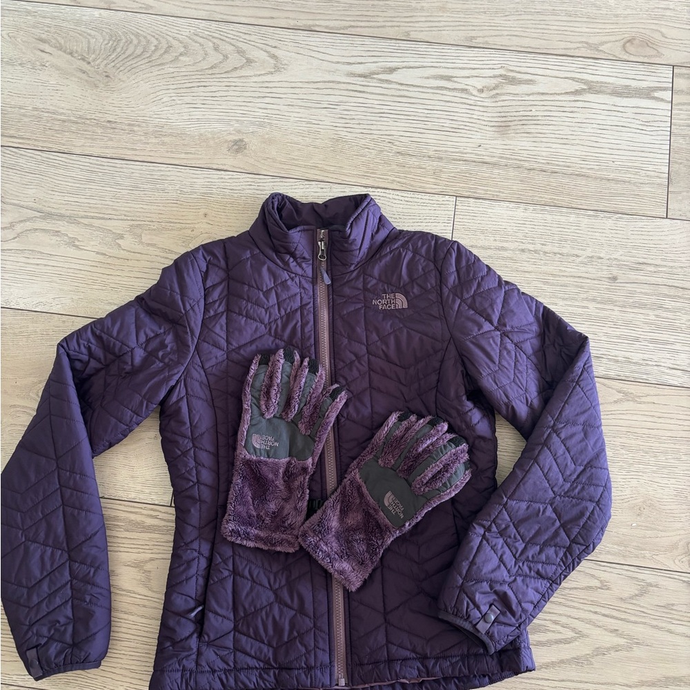 The North Face Purple Quilted Jacket with Matching Gloves Set